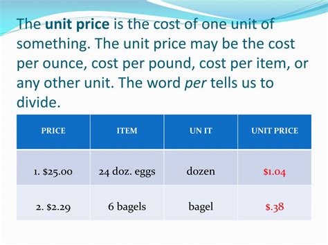 Unit Price. The cost of a single item is expressed as a unit price. Unit Rate and Unit Price are highly comparable. To determine the unit price of a given good, divide the total cost by the number of items. The formula calculates the unit price as the total price over total units. Unit Price=$\frac{Total\: Price}{Total\: Units}$ 